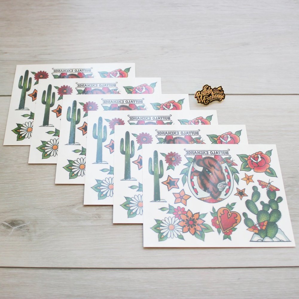 Bundle of 6 Buffalo Exchange Temporary Tattoo Sheets & Metal Lapel Badge Pin